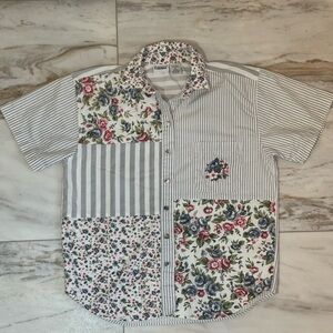Capacity Patchwork Button-Down Shirt – Floral & Stripe – Size S